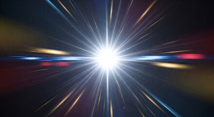 Radiant light burst with lens flare effect, emanating bright beams in cosmic space