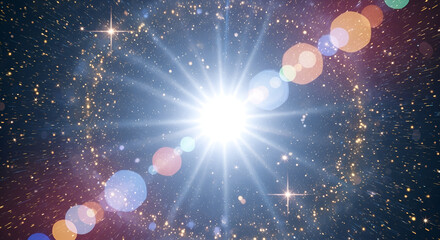 Spectacular galactic burst with shining star and colorful lens flares effects