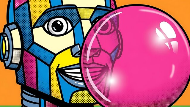 Vibrant Pop Art Robot Head Blowing Shiny Pink Bubblegum Bubble