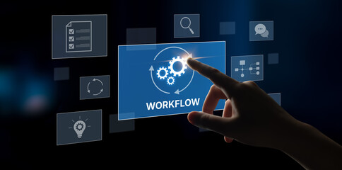 Workflow optimization concept featuring interconnected gears, task management, collaboration,...