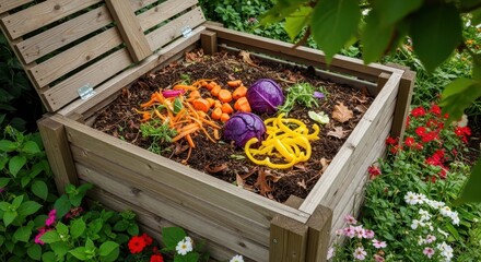 Vegetable scraps and compost inside a wooden composting bin outdoors