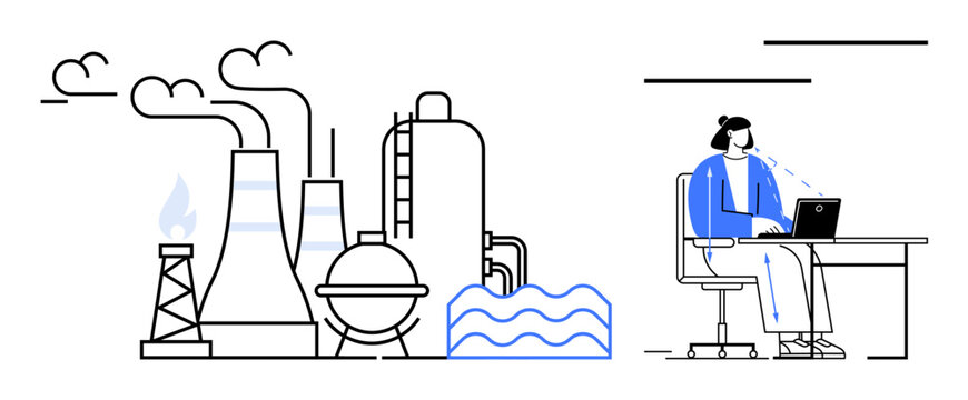Industrial automation illustrated through a factory and remote worker. Industrial systems often require remote monitoring for efficiency. Industrial processes benefit from modern technology. include