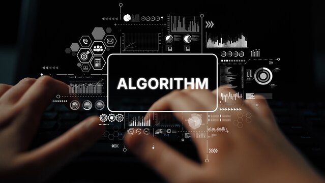 Concept of Algorithm with Hands Typing on Keyboard Surrounded by Digital Graphics and Data Visualizations. Asymptotic smart data analytic.