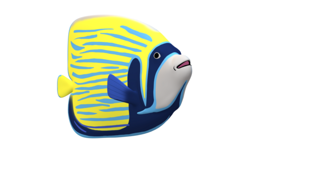 Cartoon empress angelfish with bright yellow and blue stripes swimming in the ocean against a in a cute and playful style