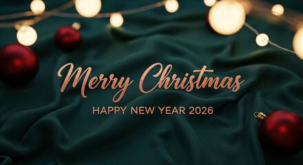 Merry christmas and happy new year 2026 with festive lights and ornaments