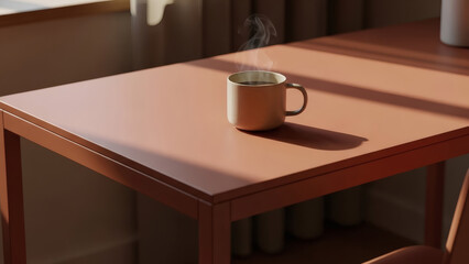 Morning coffee on a simple wooden desk, creating a warm, inviting atmosphere with natural light