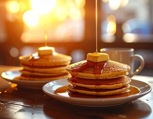 Two plates of syrupy pancakes served with coffee mugs under warm dim cafe lighting, creating a cozy evening dining mood.