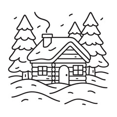 Fototapeta premium Cozy log cabin in a snowy forest with pine trees and smoke from chimney coloring page