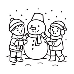 Fototapeta premium Children building a snowman, joyful winter activity with falling snow coloring page