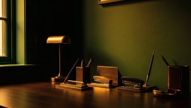 Golden Office Desk Accessories on Wooden Surface in Green Room