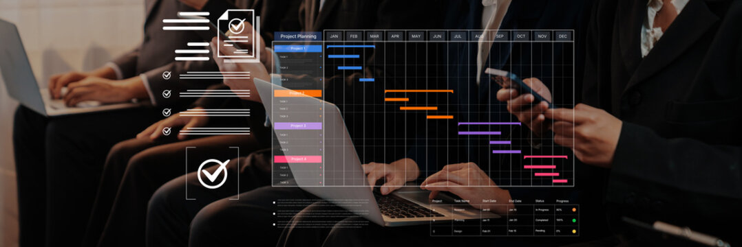 A project management dashboard for business. The interface features a Gantt chart to visualize the project timeline, task scheduling, and overall progress for efficient workflow. Fermion