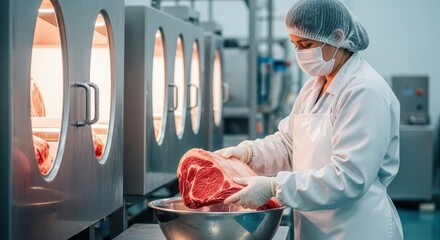 Butcher in white uniform preparing fresh meat for processing