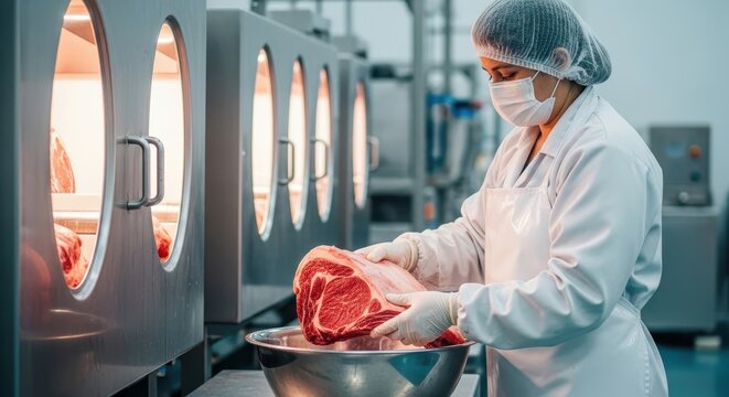 Butcher in white uniform preparing fresh meat for processing