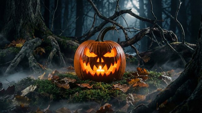 Spooky Halloween Scene with a Jack-o'-Lantern Pumpkin Glowing in a Dark, Misty Forest Surrounded by Twisted Trees and Autumn Leaves. - Powered by Adobe
