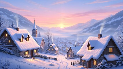 A serene winter village scene with snow-covered houses and a pastel sky at sunset.