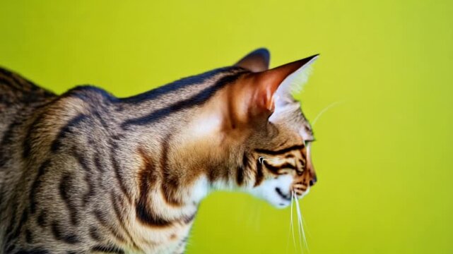 Portrait of a bengal cat with green eyes on a yellow background looking at the camera view green screen cat video