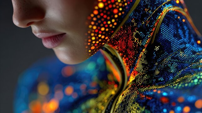 Futuristic Portrait: Close-Up View of Luminous Patterned Attire on a Female Figure