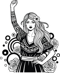 A powerful determined woman with a folkpatterned dress and arm tattoo raises her fist in a bold black and white line art style.