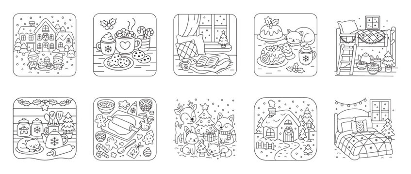 Cozy Winter holiday doodle set for coloring book. christmas cozy scenes line art design.