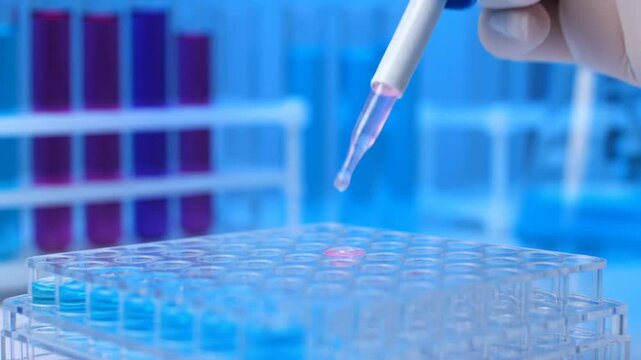 Scientist in laboratory using pipette to transfer liquid into a multi-well plate for medical research and analysis.