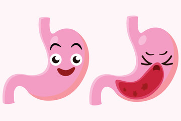 Happy and unhealthy cartoon stomachs illustrating digestive health and gastric issues