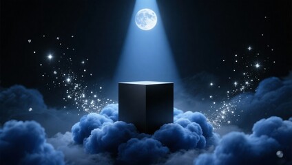 Opulent Matte Black Product Podium on Midnight Clouds, Cinematic Moonlight Showcase