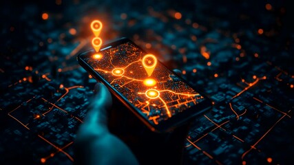Hand holding smartphone displaying glowing city map with location pins - Powered by Adobe