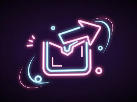 Neon envelope with outgoing arrow icon glowing against a dark background