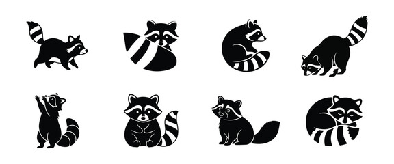 A graphic set of cute raccoon characters in different poses and icons
