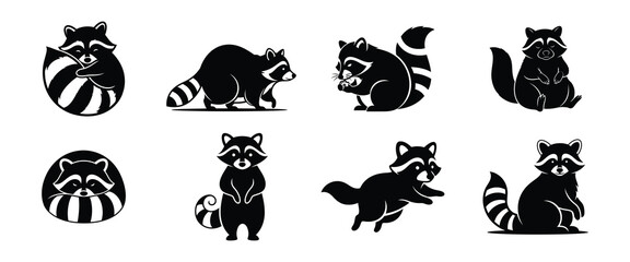 Collection of cute raccoon character icons in a simple graphic style © Sunnn