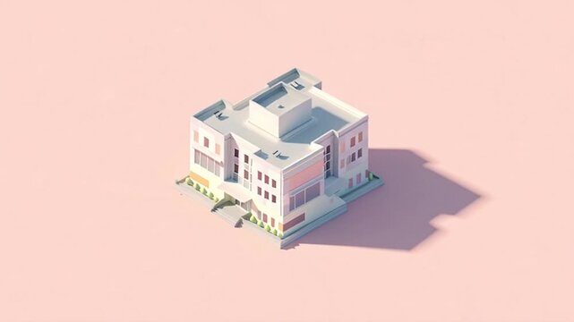 Clean isometric architecture illustration featuring a cozy building on a soft pink background with ample copy space, perfect for Christmas holiday designs
