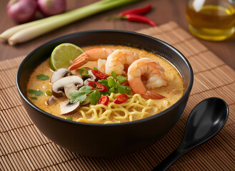 Tom yum kung with noodles , thai style instant spicy noodles with shrimp , noodles tom yum with shrimp.