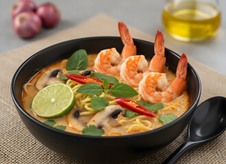 Tom yum kung with noodles , thai style instant spicy noodles with shrimp , noodles tom yum with shrimp.