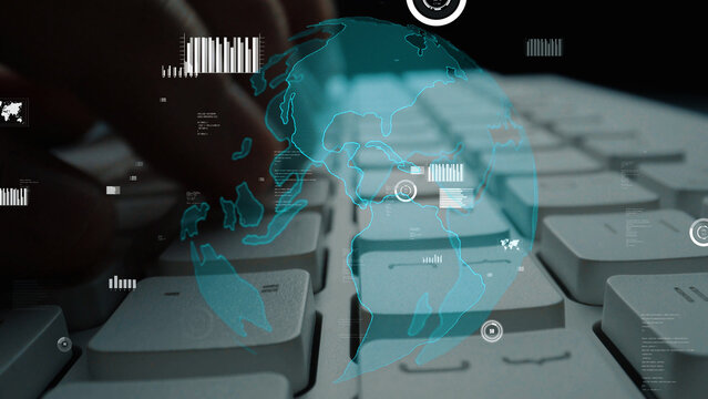 A close-up view of a keyboard with a digital globe overlay, illustrating the concept of global connectivity in the realm of technology and digital communication. Xenic - Powered by Adobe