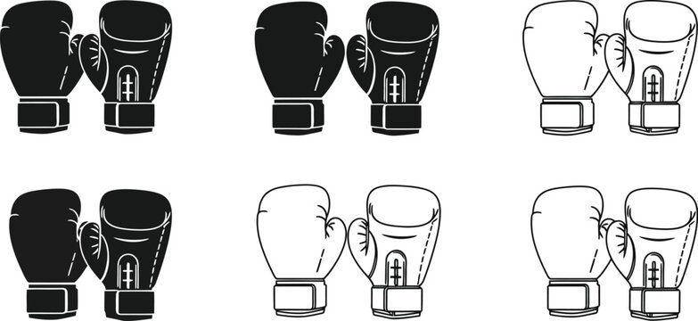A collection of black and white boxing gloves in various orientations