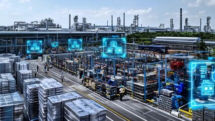 Futuristic Smart Factory Logistics with Digital Data Overlays and Automated Systems in a Large Industrial Complex - Powered by Adobe