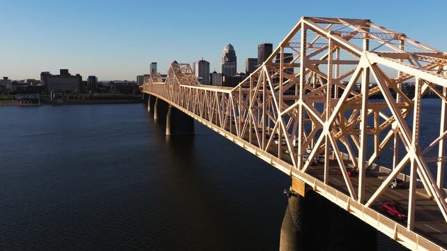 Forward Drone Shot Above Clark Memorial Bridge. Louisville Skyline in Background