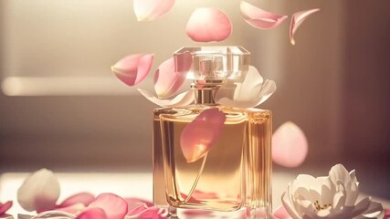 Elegant Perfume Bottle with Falling Rose Petals: A Luxurious Fragrance Experience
