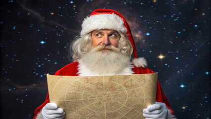 Christmas scene with weird and scary twist as dark Santa Claus holds map against starry night sky background