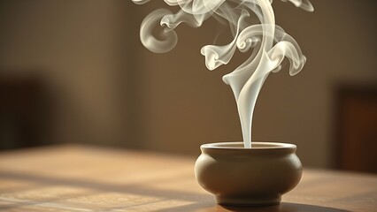 soliloquy. White smoke rising from a simple ceramic incense burner in soft indoor light. event programs, museum guides, designed for cultural heritage projects and event programs, supports education.