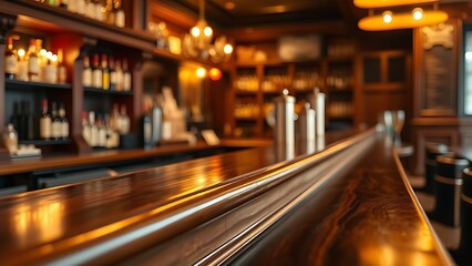 hangout. A classic wooden bar counter with a polished surface, glowing in warm ambient light. bar promotions, beverage menus, designed for food & beverage menus and cafe branding.