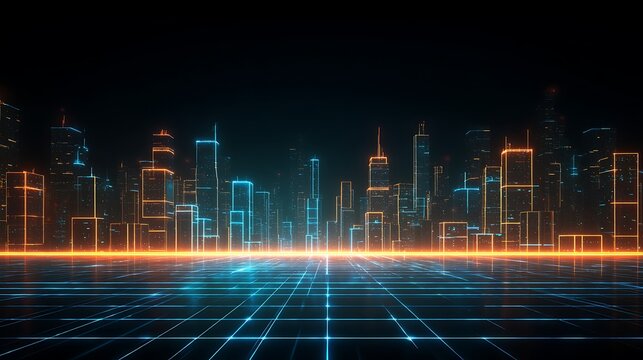 Futuristic cityscape with neon lights and digital grid