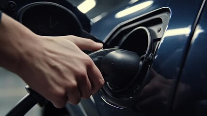 A person's hand plugging a charging connector into the port of a modern electric car. - Powered by Adobe