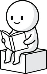 Cute smiling cartoon character with a round head sitting on a block while reading an open book.