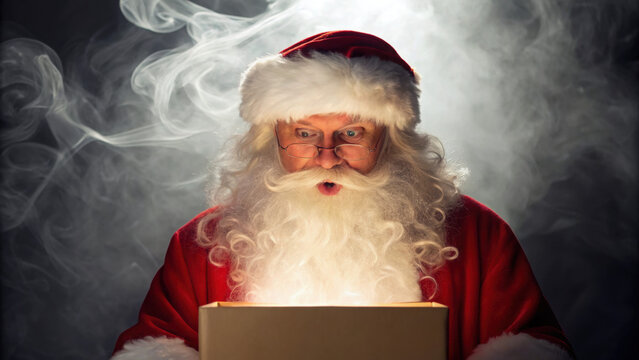 Christmas scene with weird and scary twist as Santa opens dark mysterious box glowing with light and smoke in dramatic atmosphere