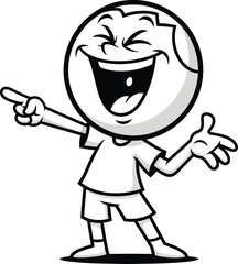 Expressive black and white cartoon character with a round head laughing heartily while pointing.