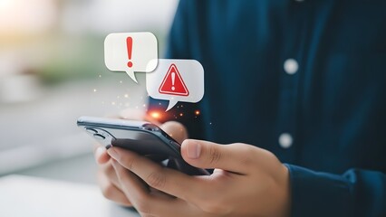 Man holding smartphone receiving error message or warning notification popup