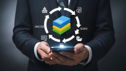 Businessman holding phone with data flow diagram and business icons overlay