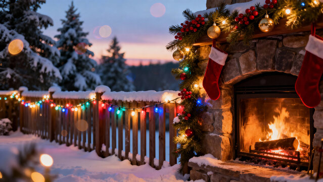 Winter holiday celebration with cozy fireplace outdoor deck photo evening festive decor - Powered by Adobe