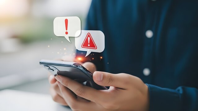 Man holding smartphone receiving error message or warning notification popup